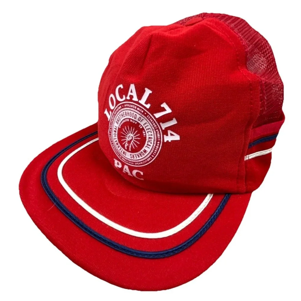 Vintage Trucker Hat Cap Snap Back Red White Blue Side Stripe USA 80s 90s‎ IBEW